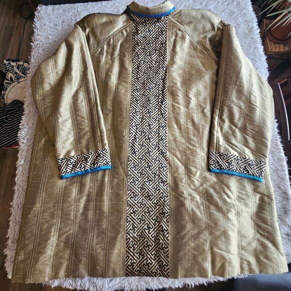 Koos 100% Silk Jacket Size 3X Gold Turquoise 3/4 Sleeve 80s 90s Funky Art Granny - Picture 15 of 15